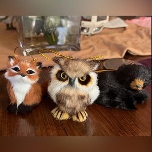 3 Fuzzy Animal Ornaments - Fox, Owl, and Bear
